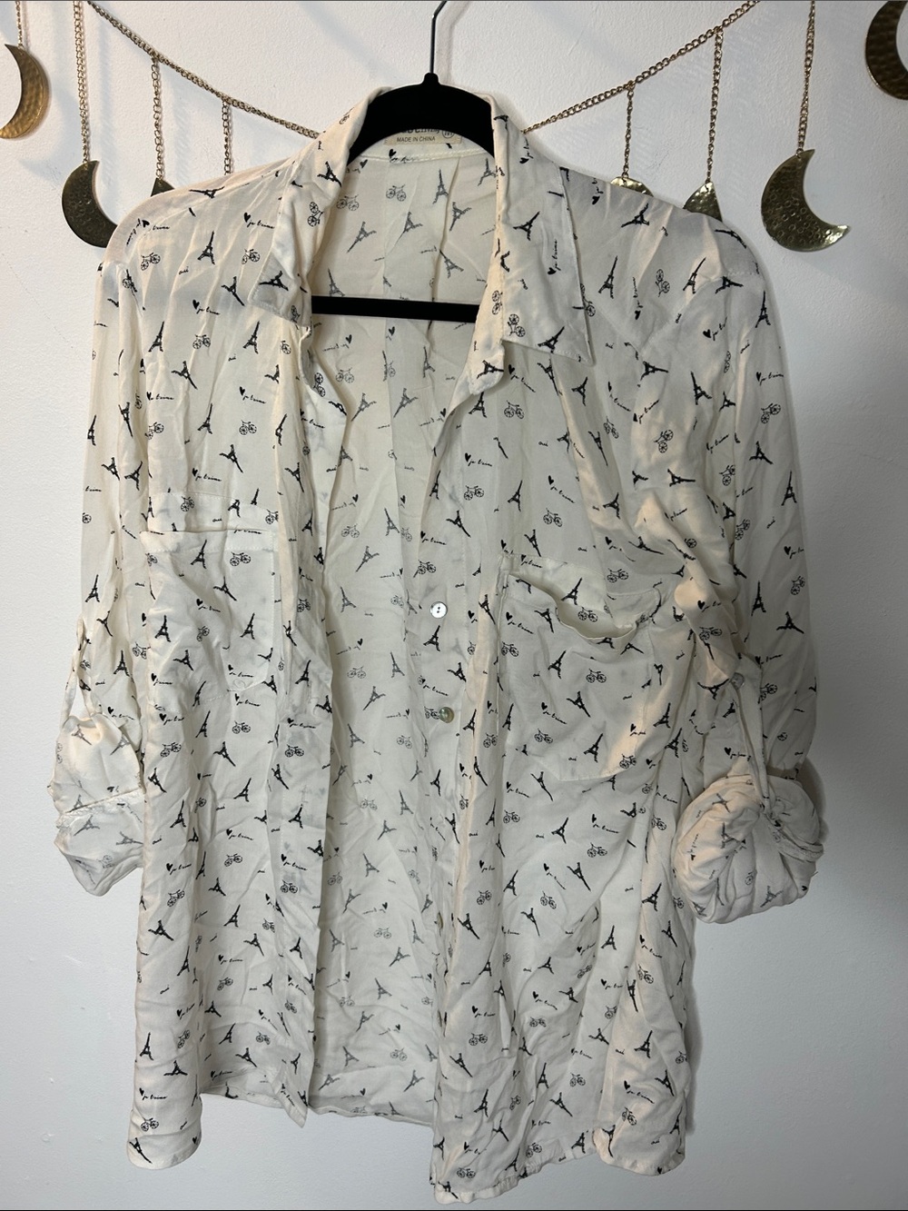 Just Living White Button-Down Shirt with Black Eiffel Tower Print